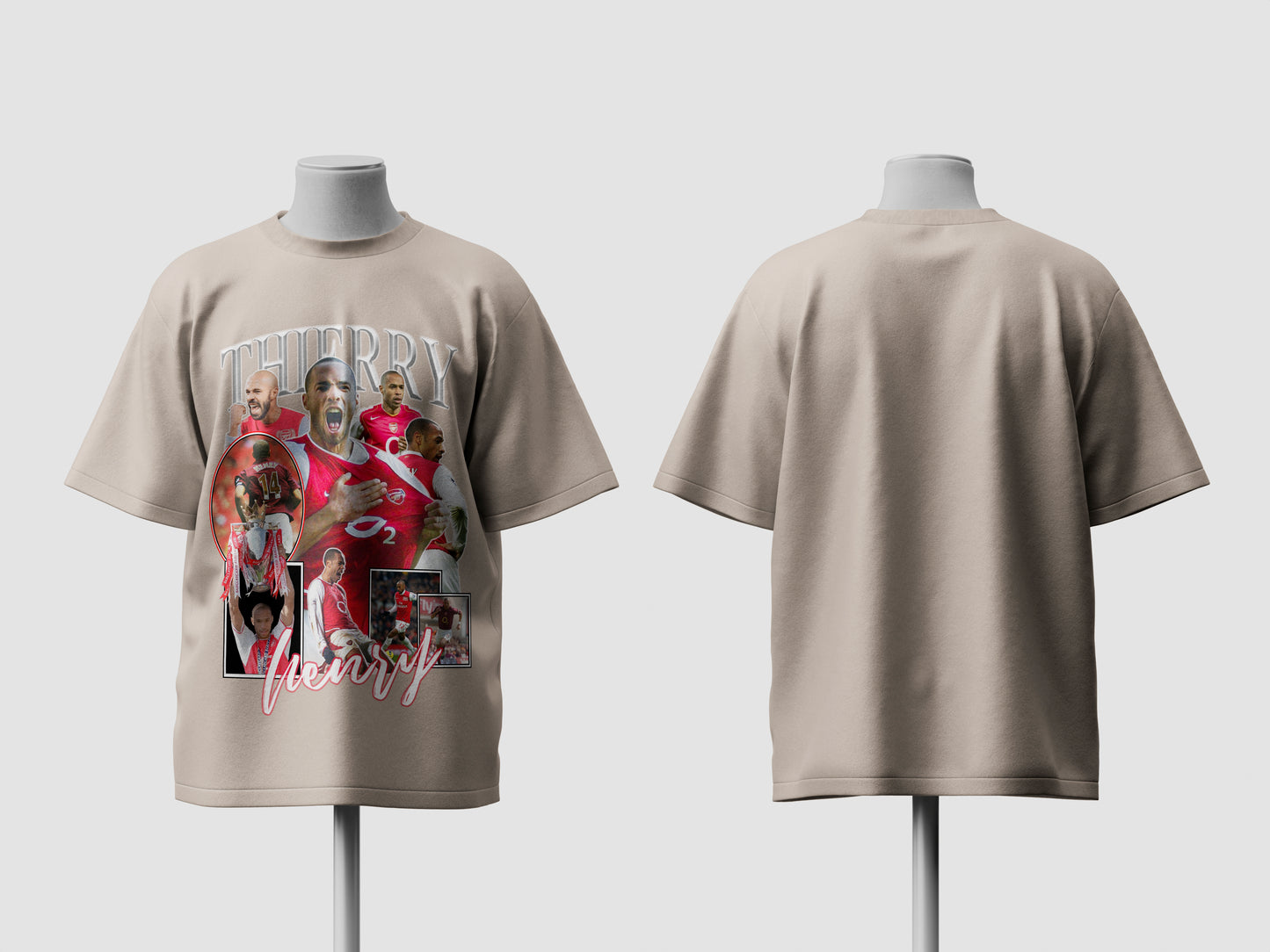 Beige t-shirt with graphic design on a mannequin against a white background