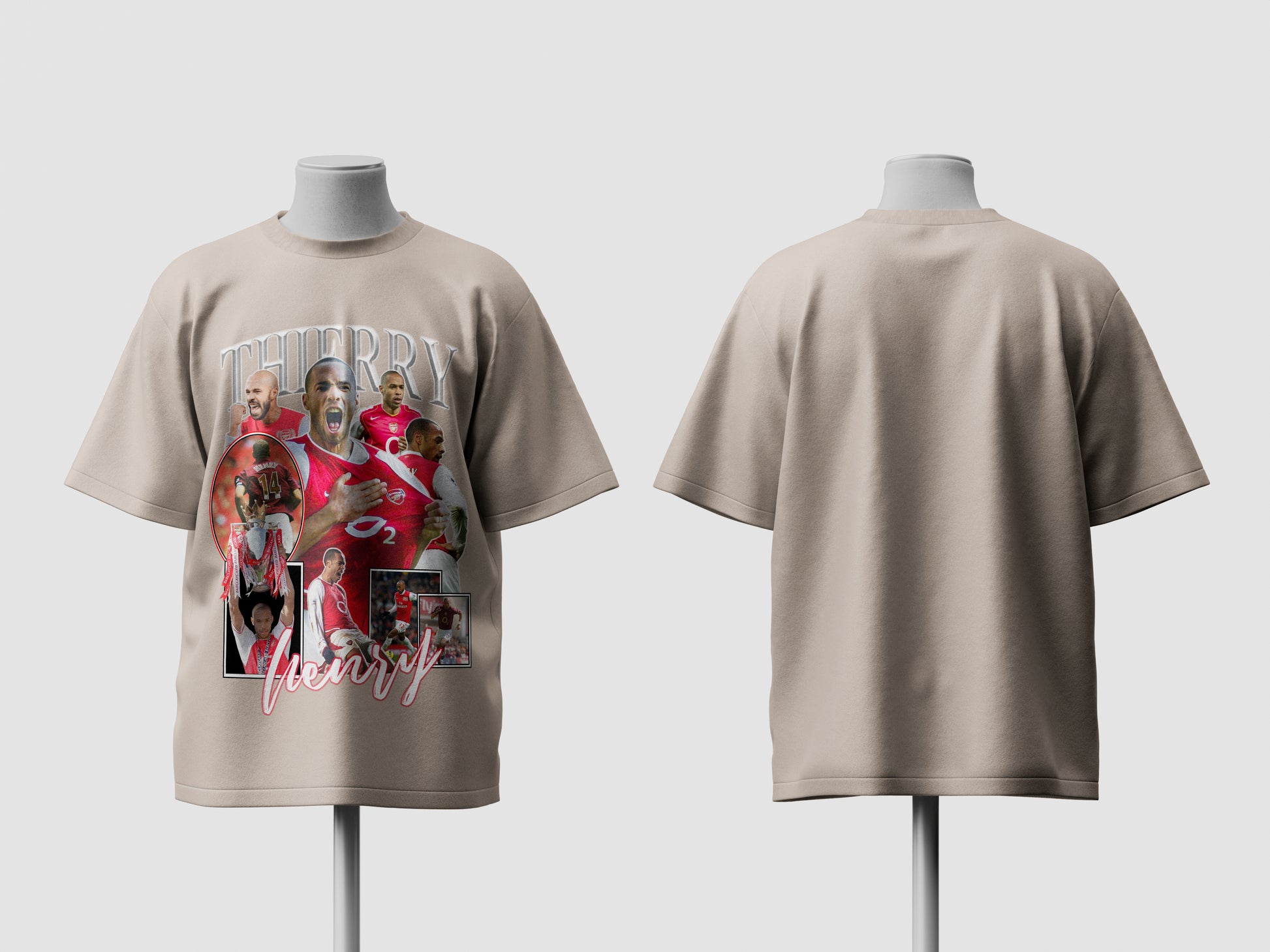 Beige t-shirt with graphic design on a mannequin against a white background