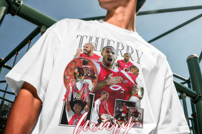 Person wearing a white t-shirt with a graphic design of a football player and text.
