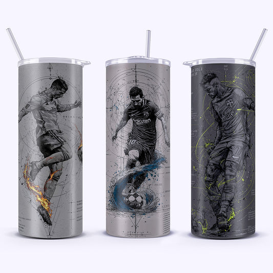 Three silver tumblers with soccer-themed designs on a white background
