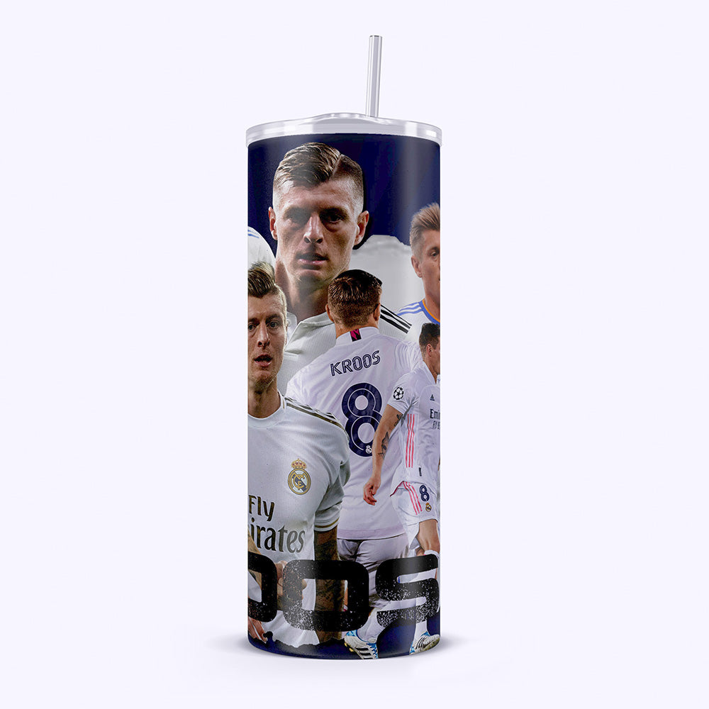 Tumbler with soccer player images and branding on a white background