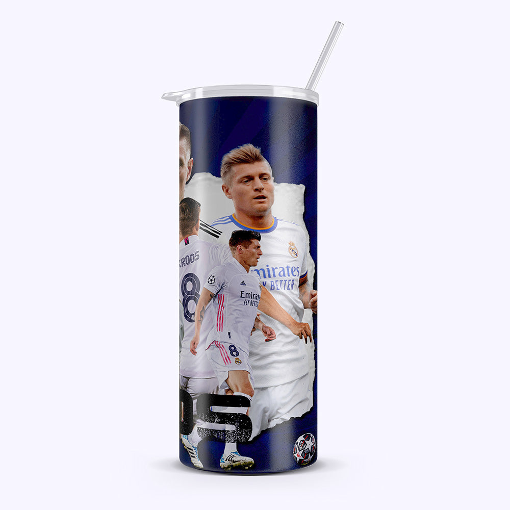 Tumbler with soccer player images and branding on a white background