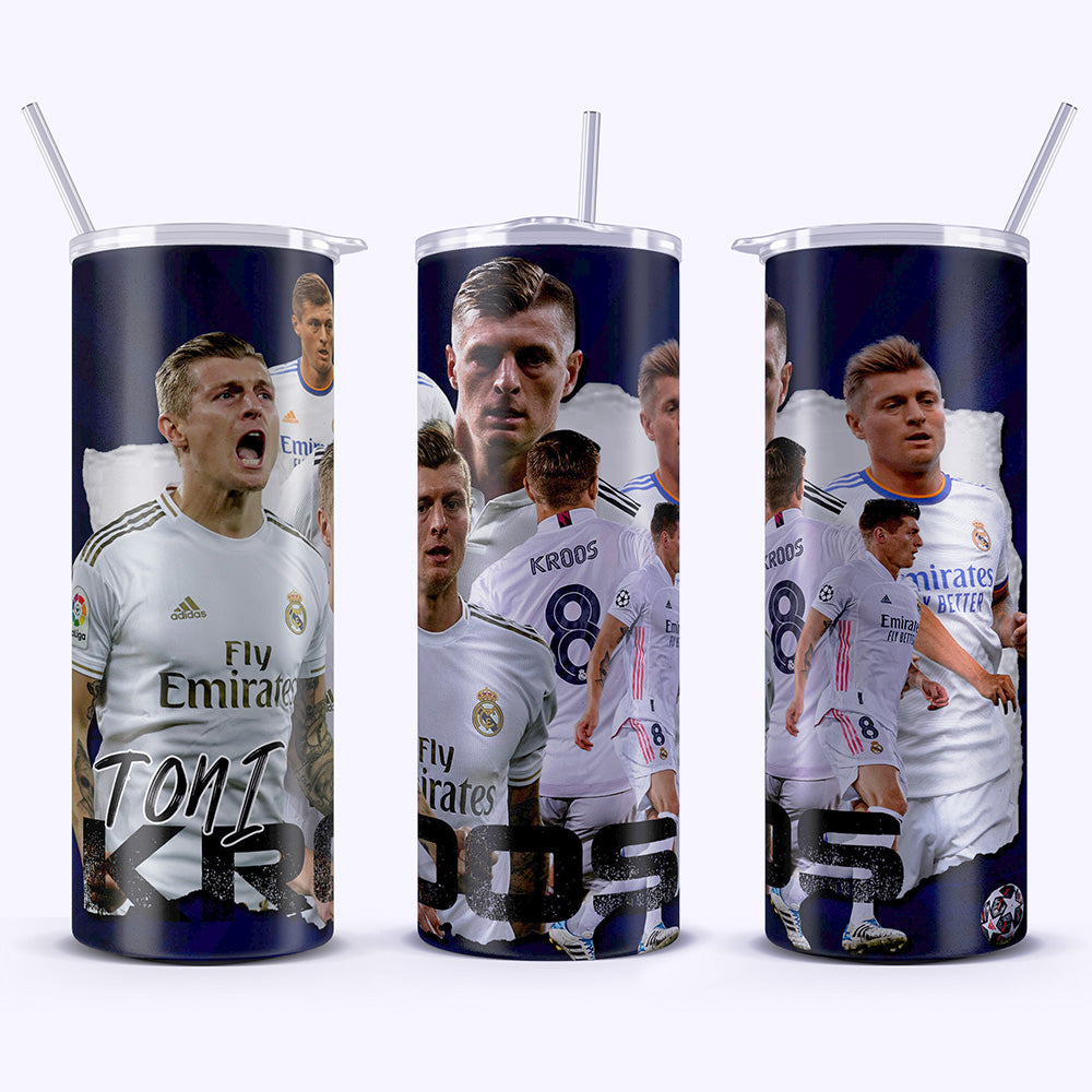 Three tumblers with soccer player images and branding on a white background