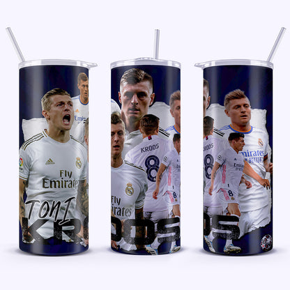 Three tumblers with soccer player images and branding on a white background