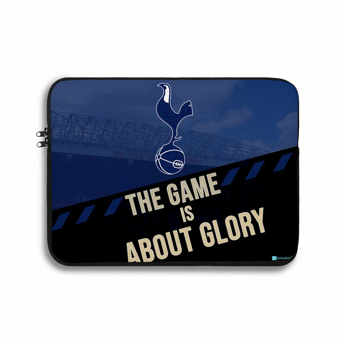 Laptop sleeve with Tottenham Hotspur logo and 'The Game is About Glory' text on a blue and black background.
