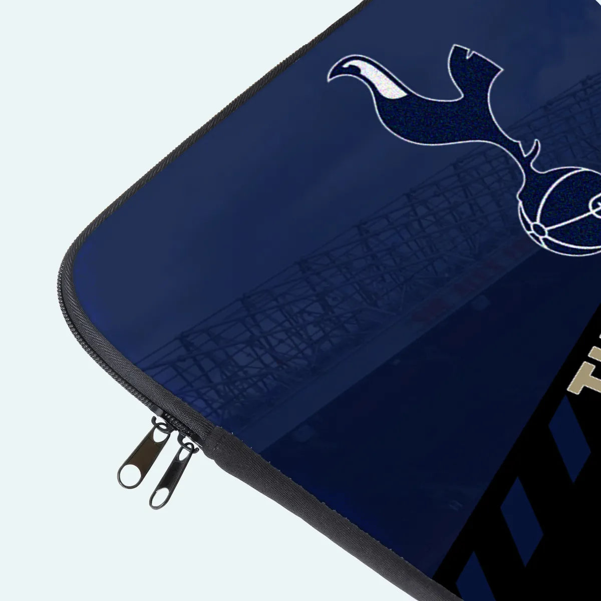 Blue pouch with a white design on a light gray background