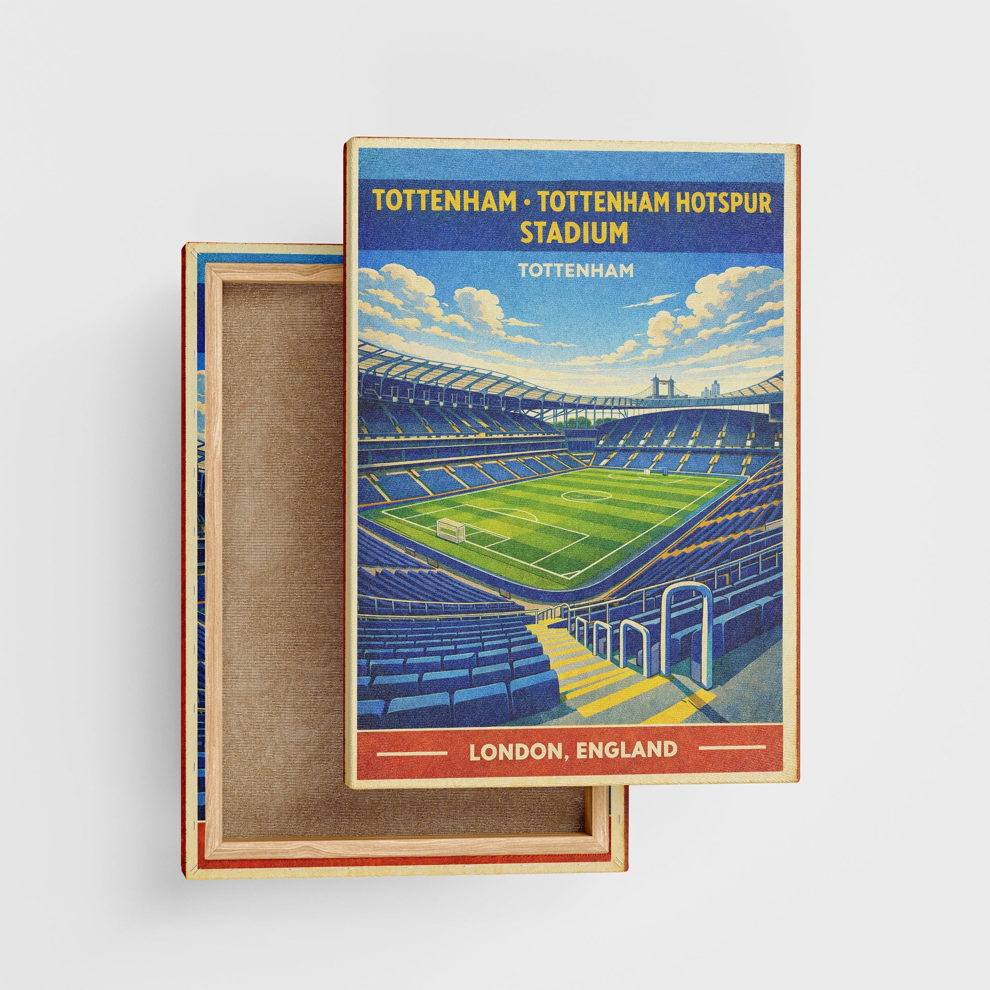 Stylized illustration of a stadium on a box with 'Tottenham Hotspur Stadium' text.