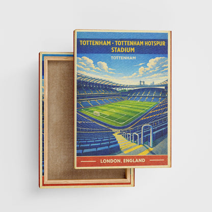 Stylized illustration of a stadium on a box with 'Tottenham Hotspur Stadium' text.