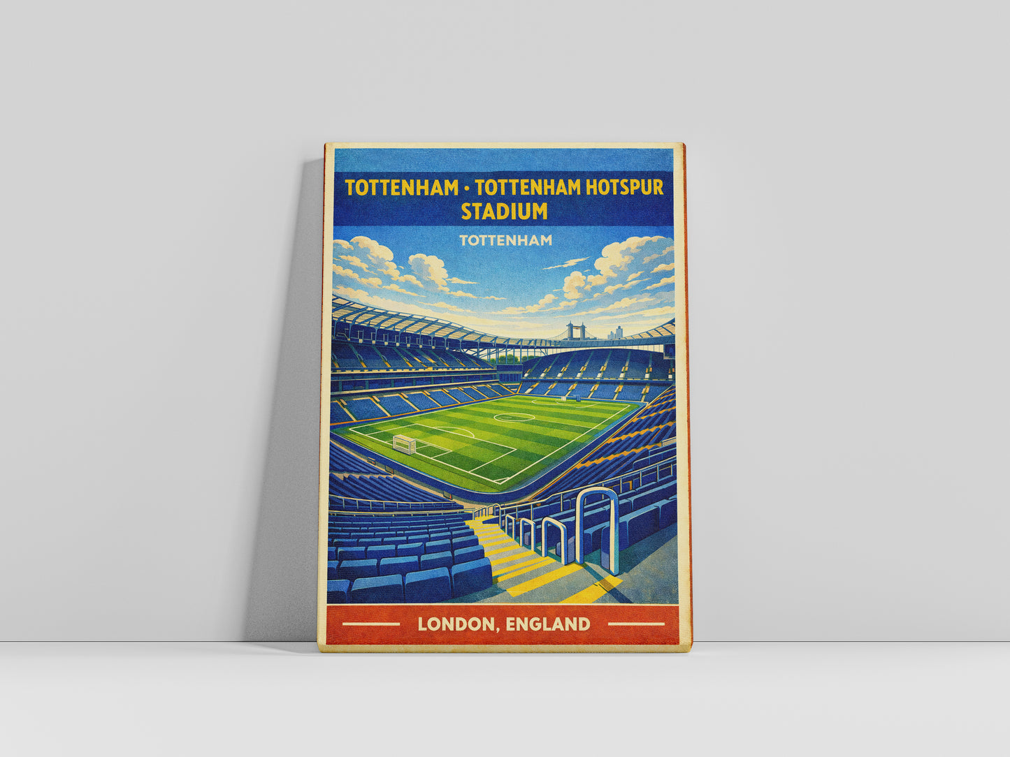 Poster of Tottenham Hotspur Stadium with a blue sky and stadium illustration.