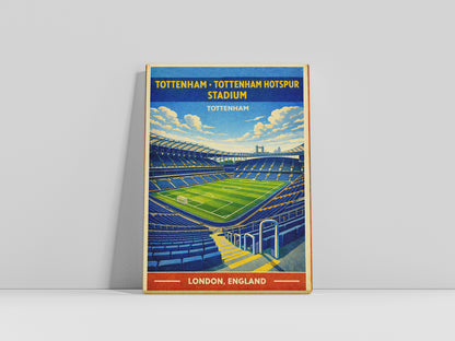 Poster of Tottenham Hotspur Stadium with a blue sky and stadium illustration.