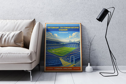 Framed poster of Tottenham Hotspur Stadium in a modern living room.