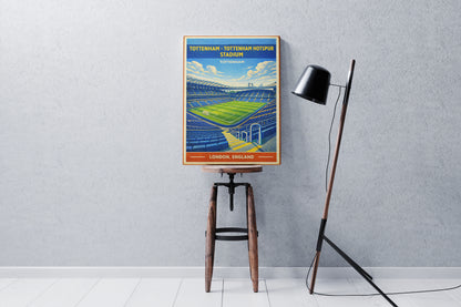 Poster of Tottenham Hotspur Stadium on a stool against a gray wall with a lamp.