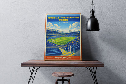 Framed poster of Tottenham Hotspur Stadium on a wooden table against a gray wall.