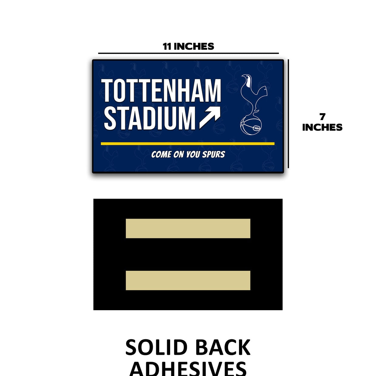 Sticker with 'Tottenham Stadium' text and graphics, showing dimensions and adhesive information.
