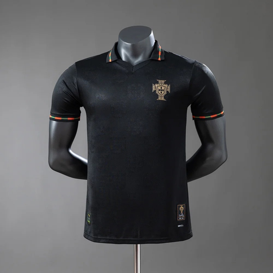 Black sports jersey with a logo on a gray mannequin against a gray background