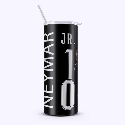 Black tumbler with 'NEYMAR JR. 10' printed on it against a white background