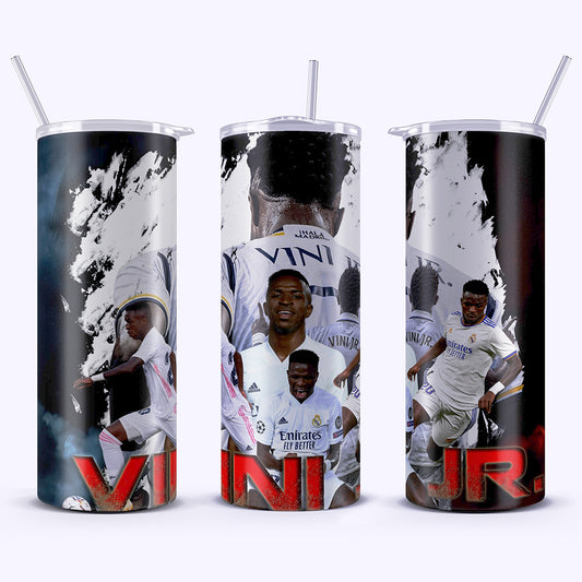 Three tumblers with soccer player images and branding on a white background