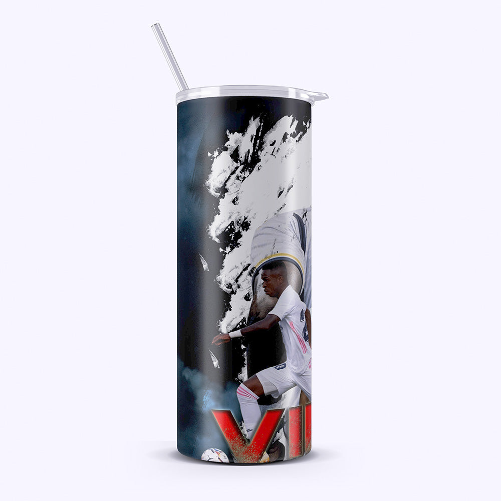 Tumbler with a design of a person playing soccer and the letter 'V' on a white background