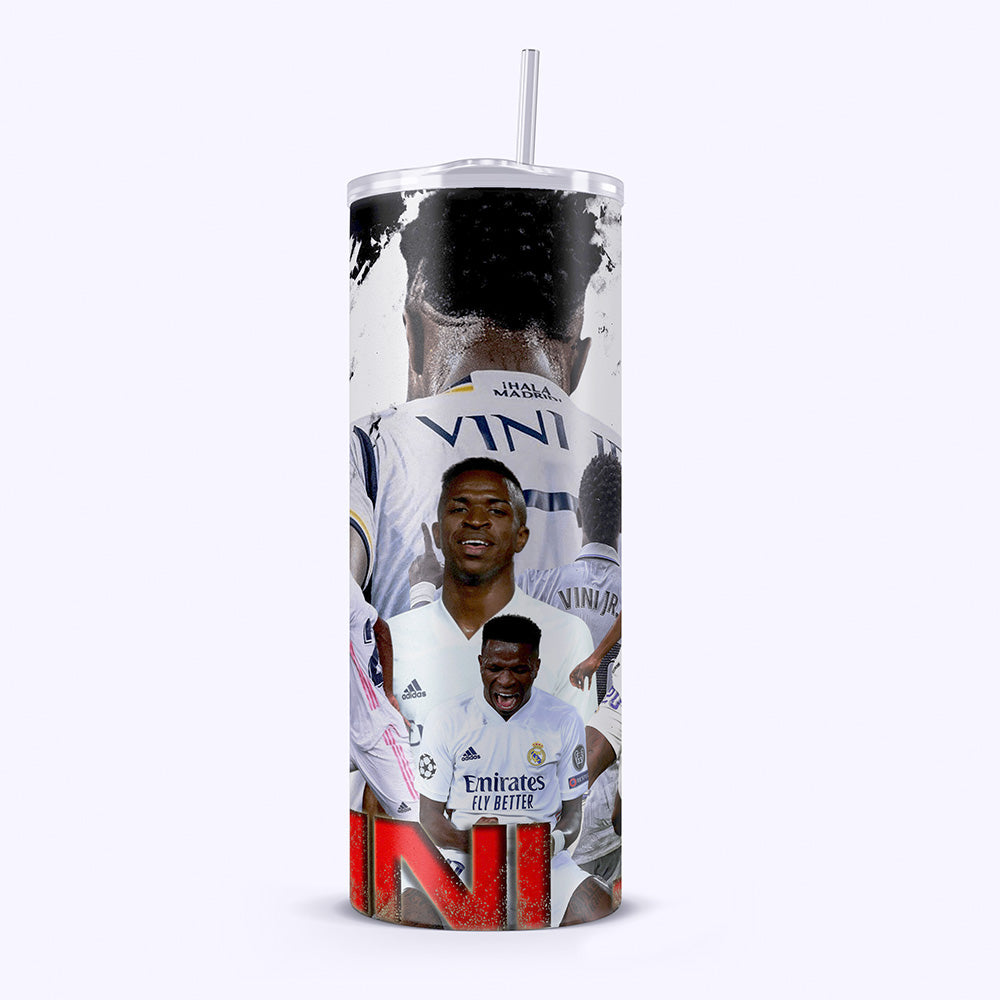 Tumbler with soccer player images and branding on a white background