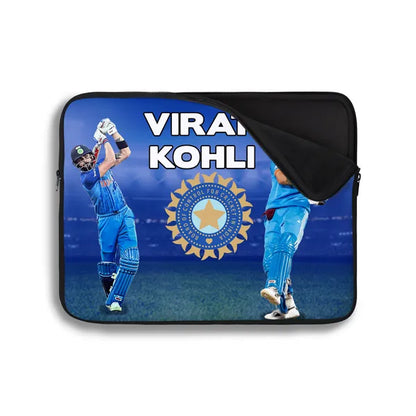 Laptop sleeve with Virat Kohli and Indian cricket team logo on a blue background
