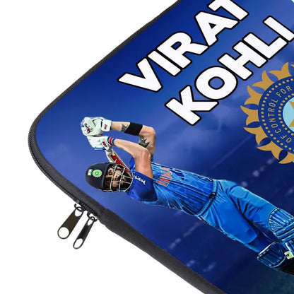 Laptop sleeve with a cricket player and 'Virat Kohli' text on a blue background