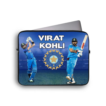 Laptop sleeve with images of Virat Kohli and the Indian cricket team logo on a blue background.