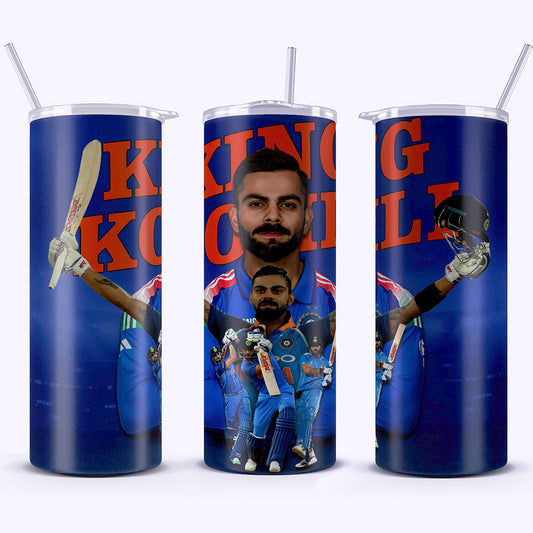Three blue tumblers with a sports-themed design featuring a player and text.