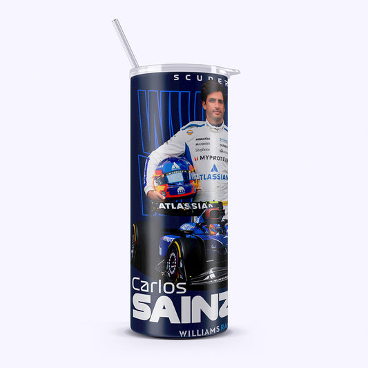 Tumbler with a driver and Formula 1 car design, featuring the name Carlos Sainz.