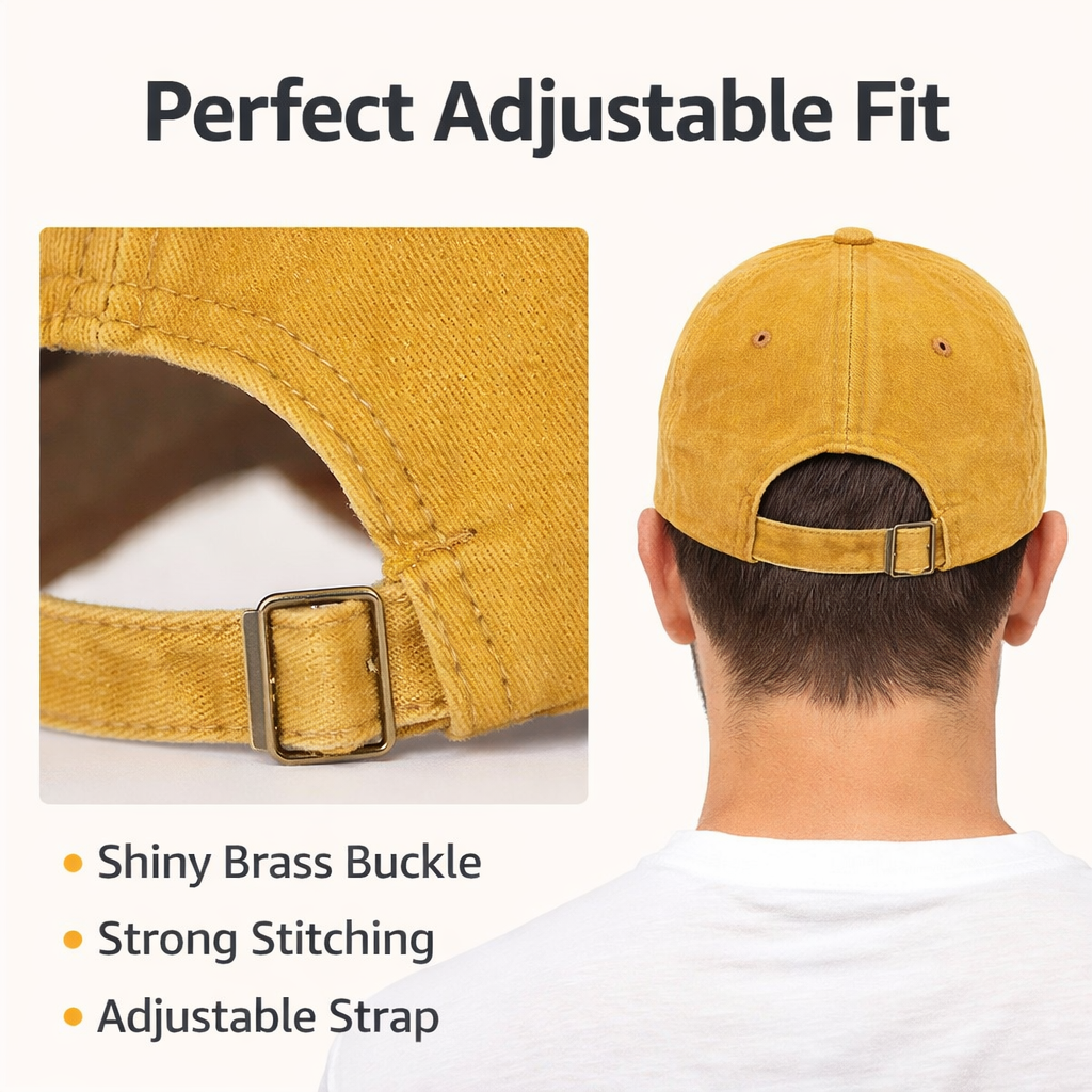 Yellow cap with adjustable strap and brass buckle, shown from the back on a person wearing a white shirt.