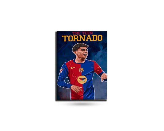 Framed picture of a soccer player in a red and blue jersey with 'The Teen Tornado' text on a white background.