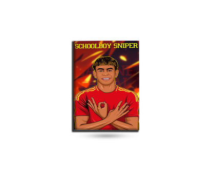 Poster of a person in a red jersey with 'Schoolboy Sniper' text on a white background