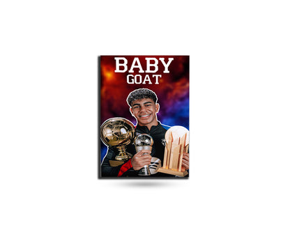Product packaging with a person holding trophies and 'BABY GOAT' text on a white background