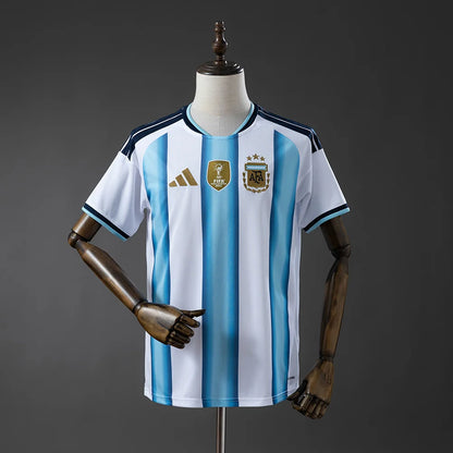 White and blue striped sports jersey on a mannequin against a dark background