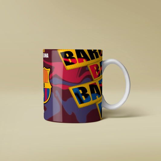 Mug with colorful design and logo on a beige background