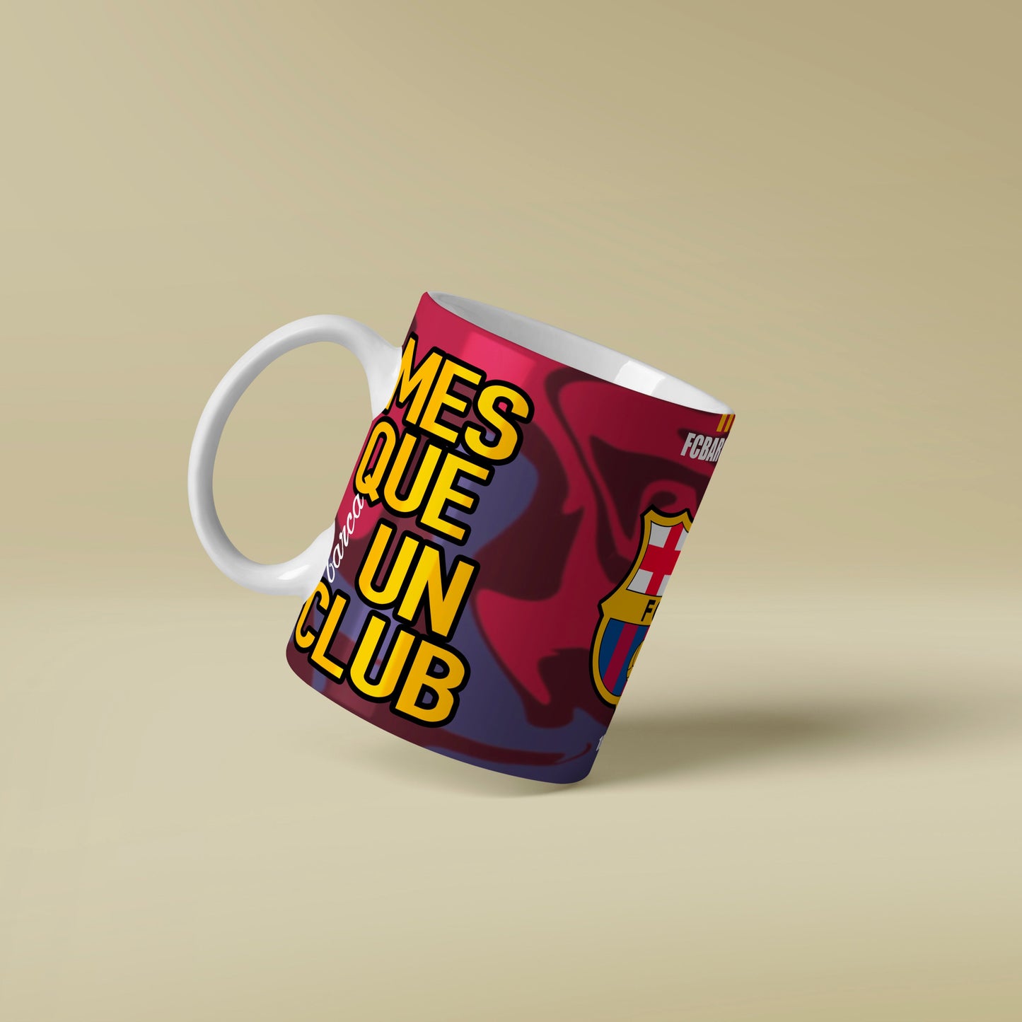 Mug with colorful design and text on a beige background