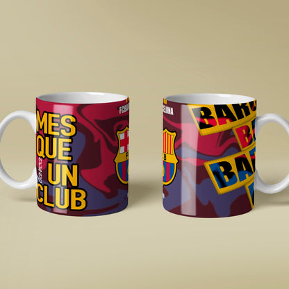 Two mugs with colorful designs and text on a beige background