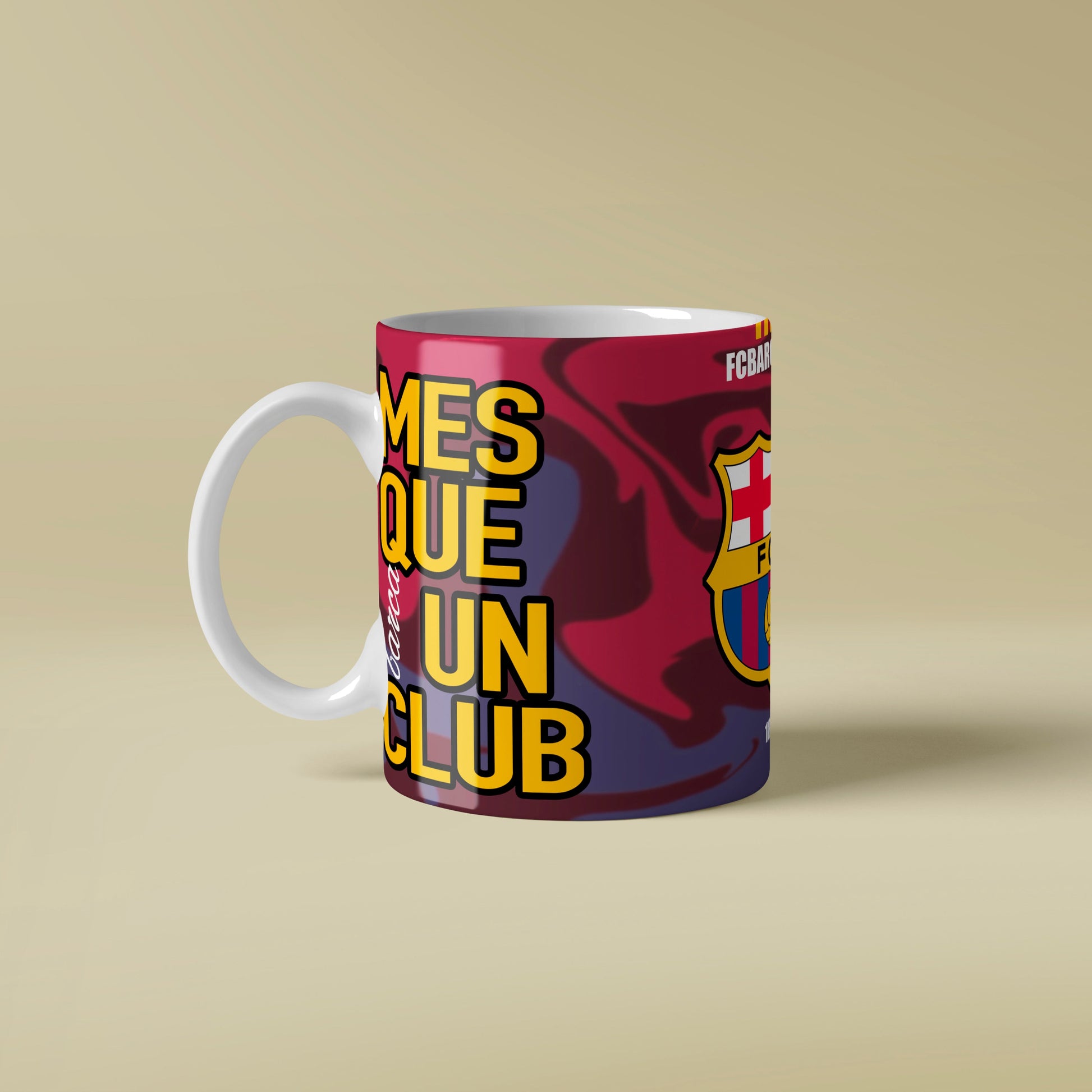Mug with colorful design and text on a beige background