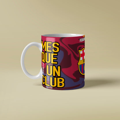 Mug with colorful design and text on a beige background