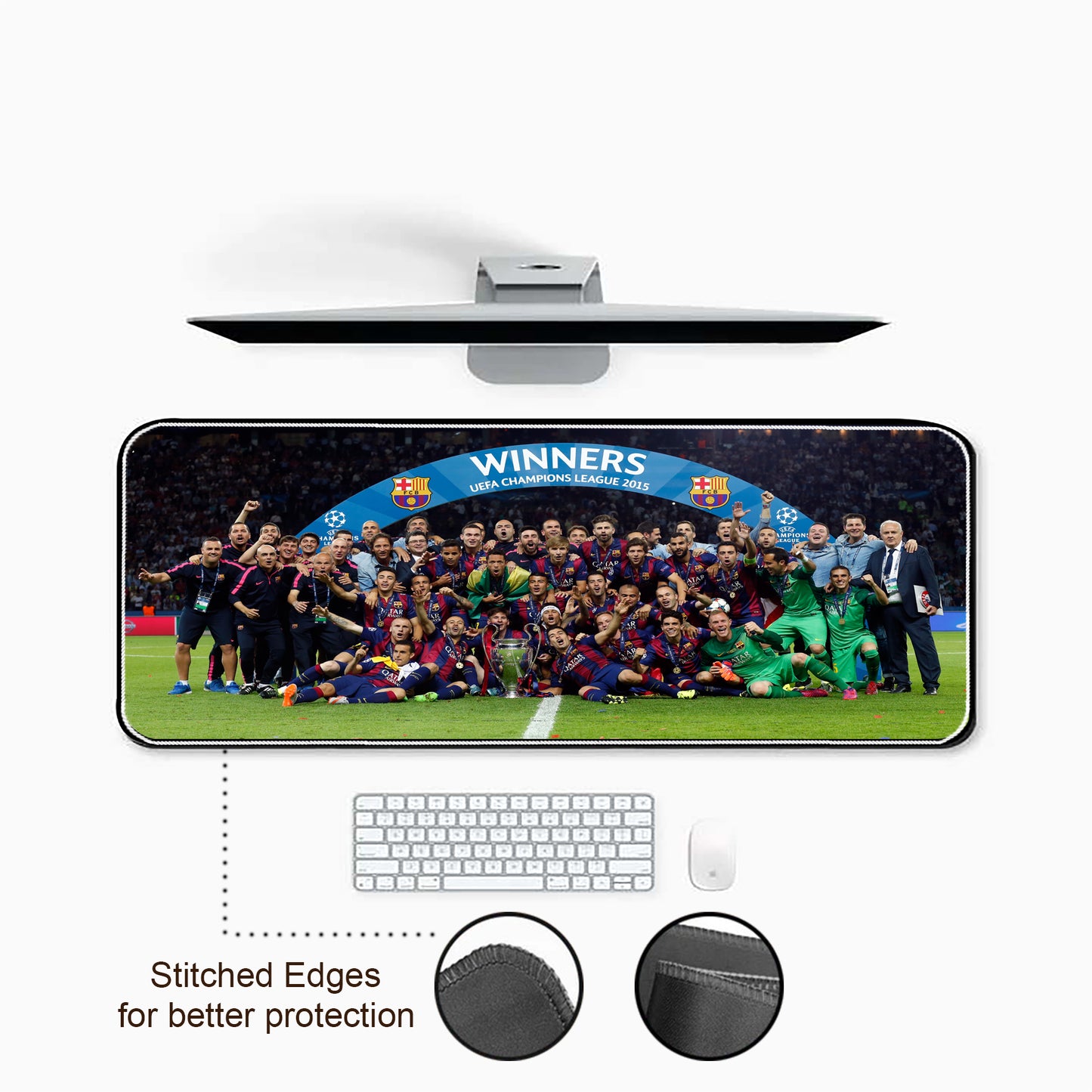 Large mouse pad with sports team image and text, placed on a desk with keyboard and mouse.