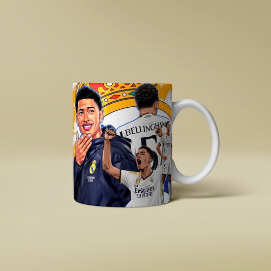 Mug with sports-themed design featuring athletes on a beige background