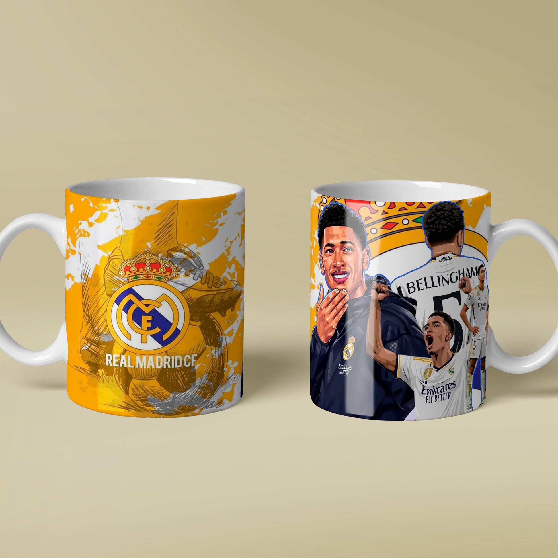 Two mugs, one with Real Madrid logo and the other with soccer player image, on a beige background.