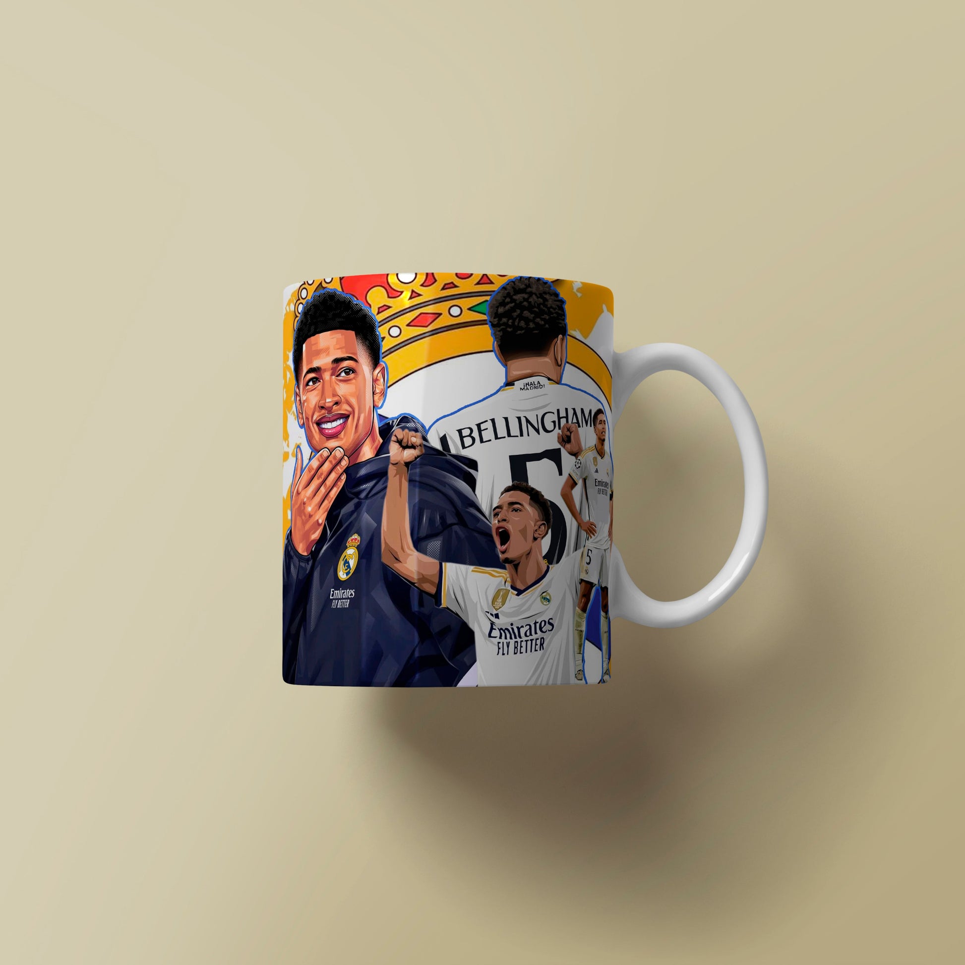 Mug with a printed design of a person and text on a beige background