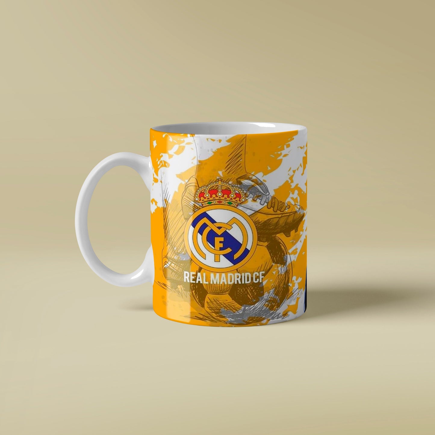 Mug with a brand logo on a beige background