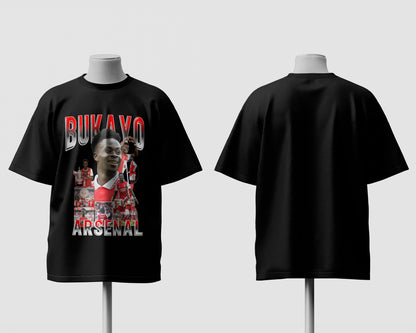 Black t-shirt with a graphic design on a mannequin against a white background