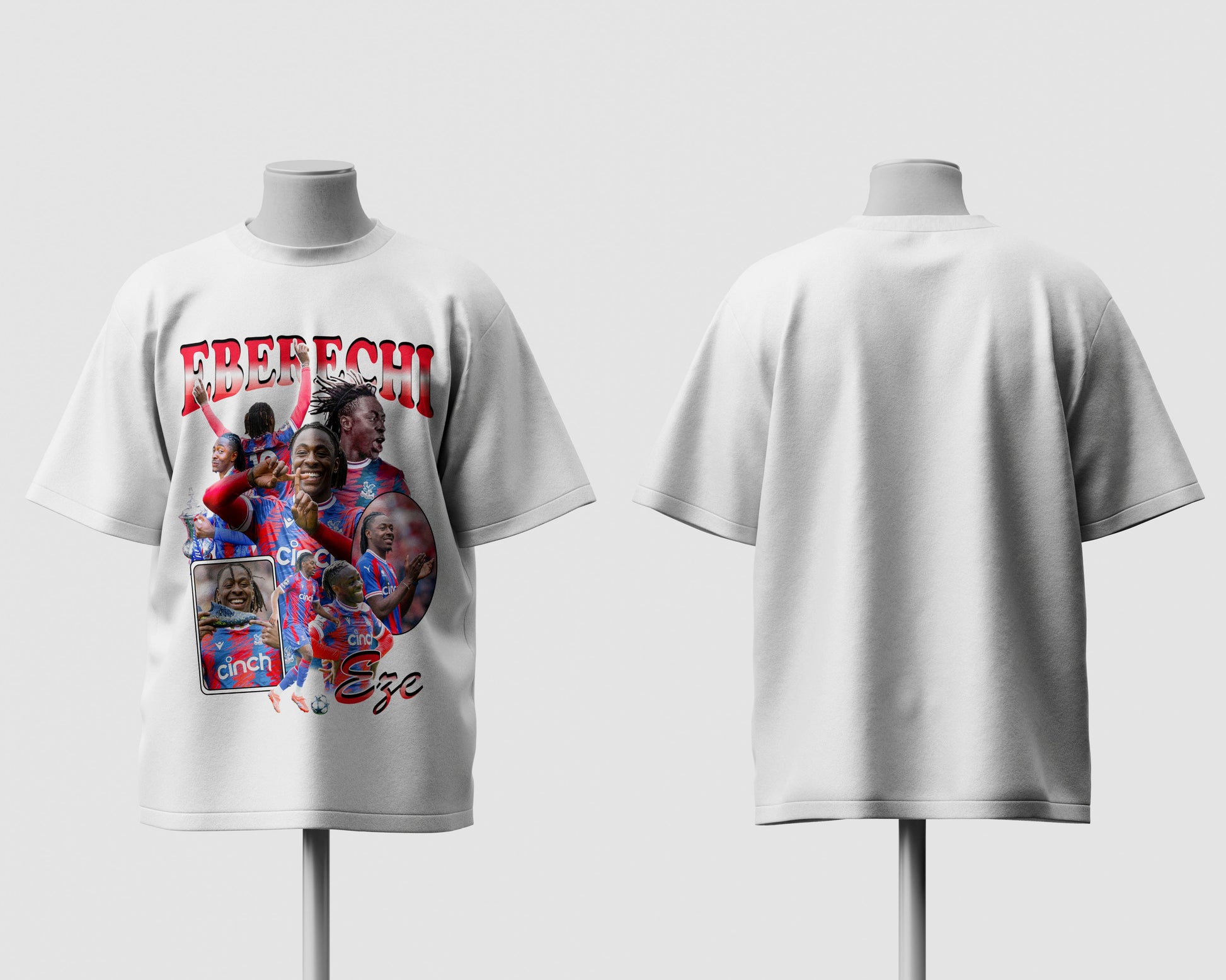 White t-shirt with graphic design on a mannequin against a white background