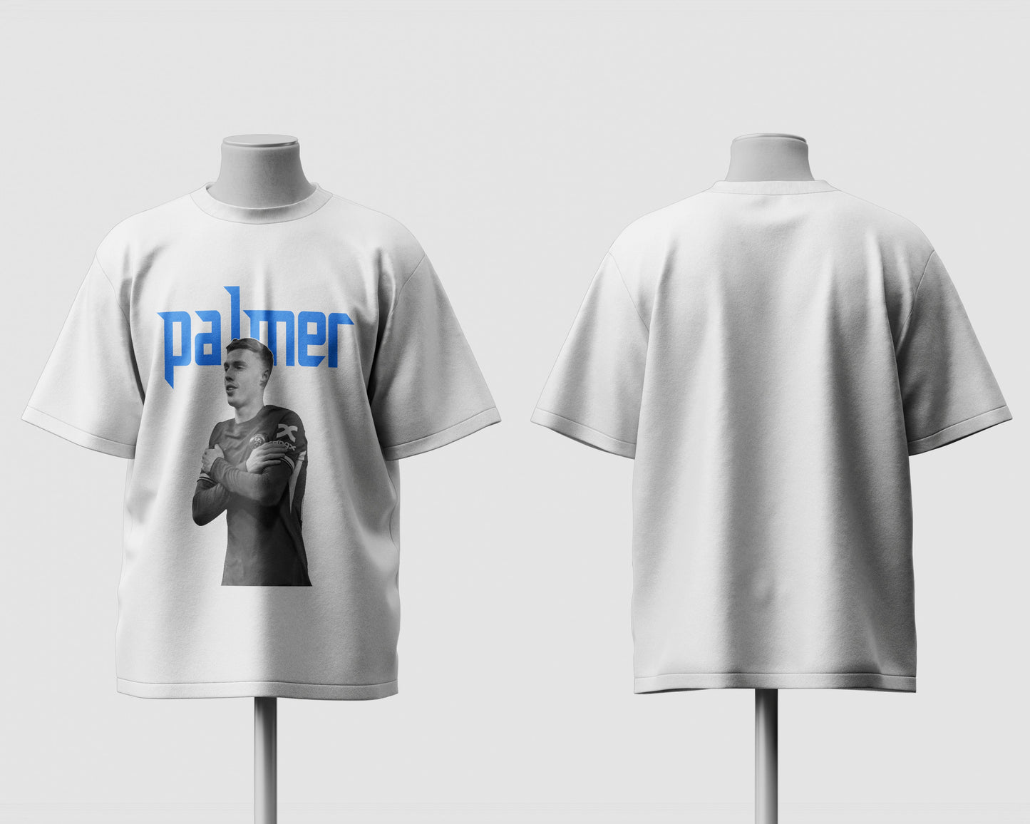 White t-shirt with a graphic and 'palmer' text on a mannequin against a white background