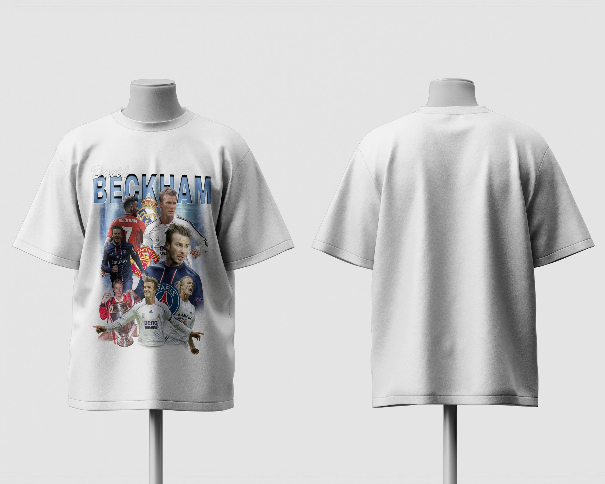 White t-shirt with a graphic design on the front and plain back, displayed on mannequins.