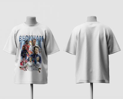 White t-shirt with a graphic design on the front and plain back, displayed on mannequins.