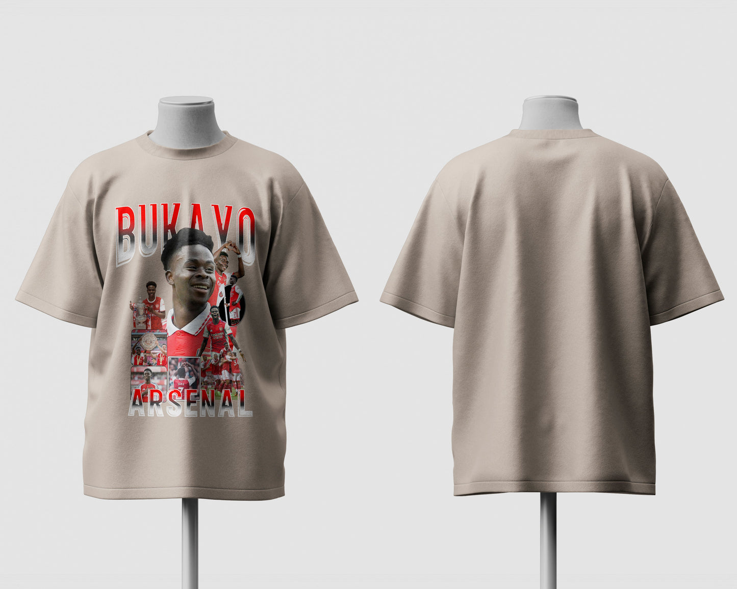 Beige t-shirt with graphic design on a mannequin against a white background