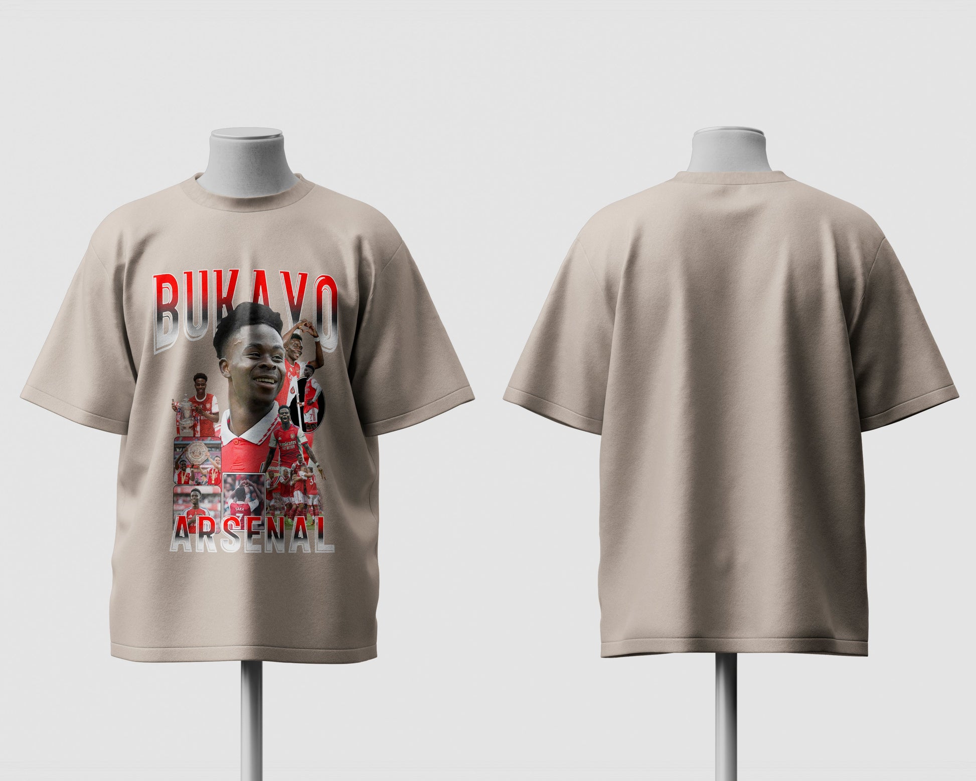 Beige t-shirt with graphic design on a mannequin against a white background